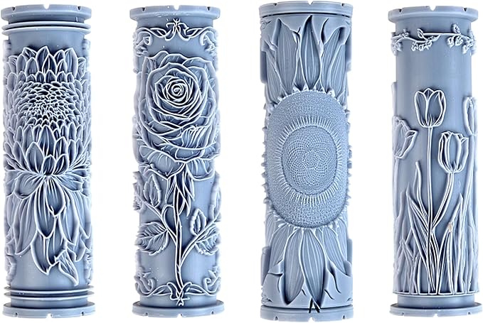 Garden Flower Collection Clay Texture Rollers 4-Pack (4") - Flower Set #01 - Embossing Pattern Rollers for Polymer & Ceramic Clay, Pottery & Crafts