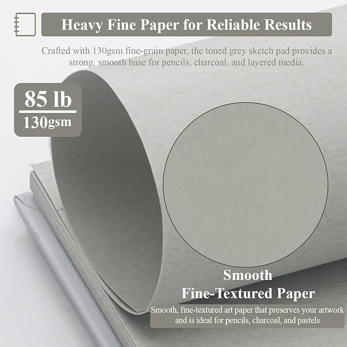 SuFly Gray Sketchbook 9" x 12" - 60 Sheets Spiral Bound Sketch Book, 85lb/130gsm Drawing Paper Pad for Graphite, Charcoal, Colored Pencils and Gel Pens.