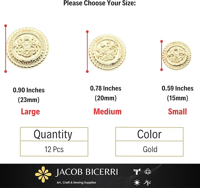 Gold Metal Shank Buttons - 12 Pcs - 3 Size Options - Twin Horse Round Metal Shank Buttons for Men Women Blazer Coat Uniform Shirt Suit and Jacket Sewing Craft DIY N4701