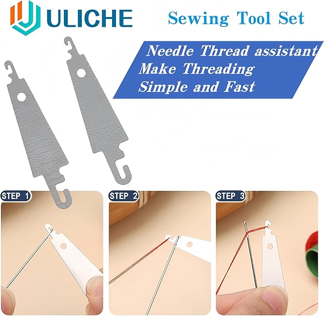 Uliche 38Pcs Big Eye Sewing Needles Kit, Stainless Steel Hand Sewing Needles with Thread Ripper, Threaders, Thread & Thimbles, Portable DIY Repair Tool Set
