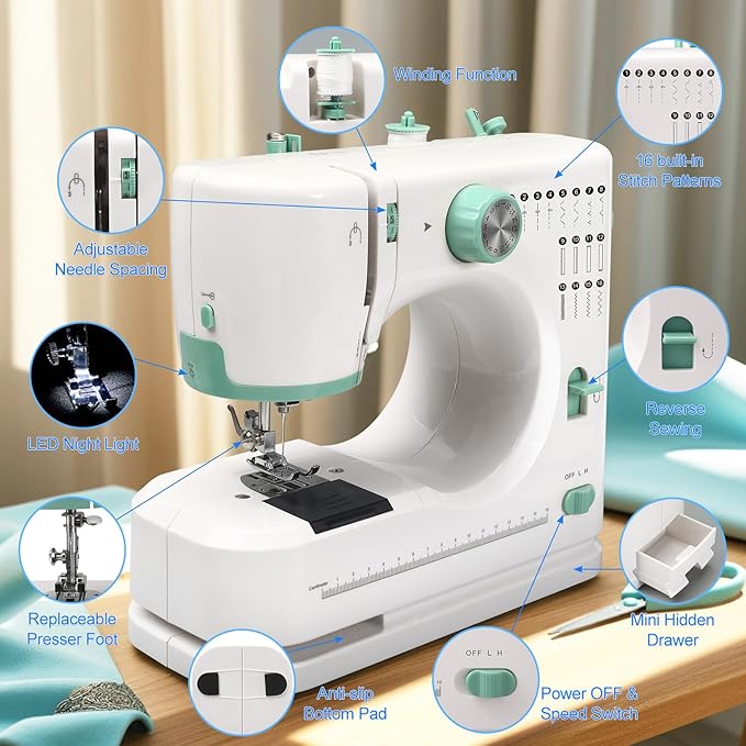 Mini Sewing Machine for Beginners with 32 PCS Threads Kit,16 Built-In Stitches, Multifunctional Portable Sewing with Foot Pedal Small Sewing Quilting Machine for Mending