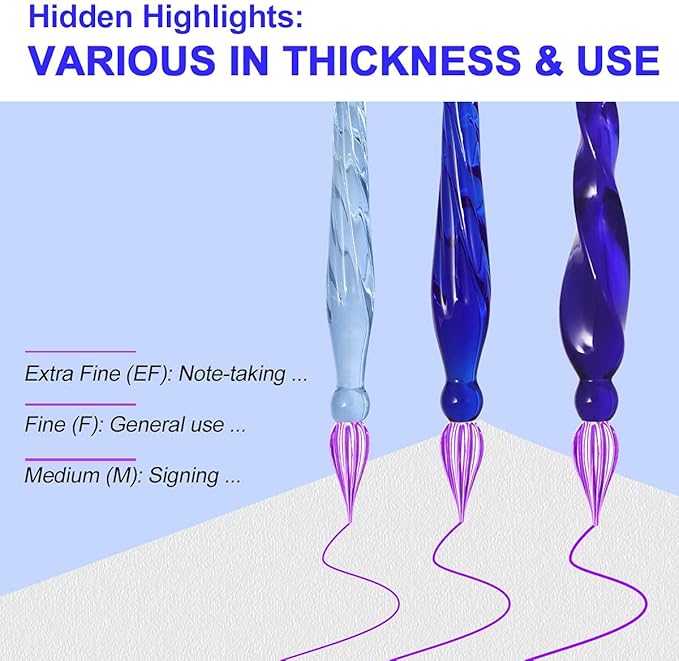 ESSSHOP Glass Pen Calligraphy Set - 3 Blue Crystal Dip Pens Color Ink and Pen Holder Art Supplies Kit for Signatures Beginners Journaling Lettering Drawing Holiday Gift Decoration