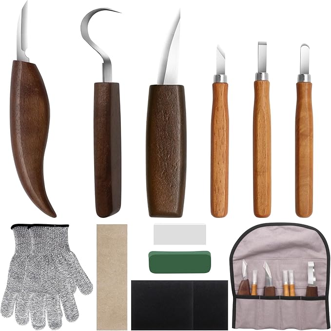 12-Piece Wood Carving Tool Set with Hook Knife, Detail Knife, Chipping Knife, Cut-Resistant Gloves, Sandpaper & Sharpening Strop – Complete Carving Kit with Carrying Bag for Beginners & Professionals