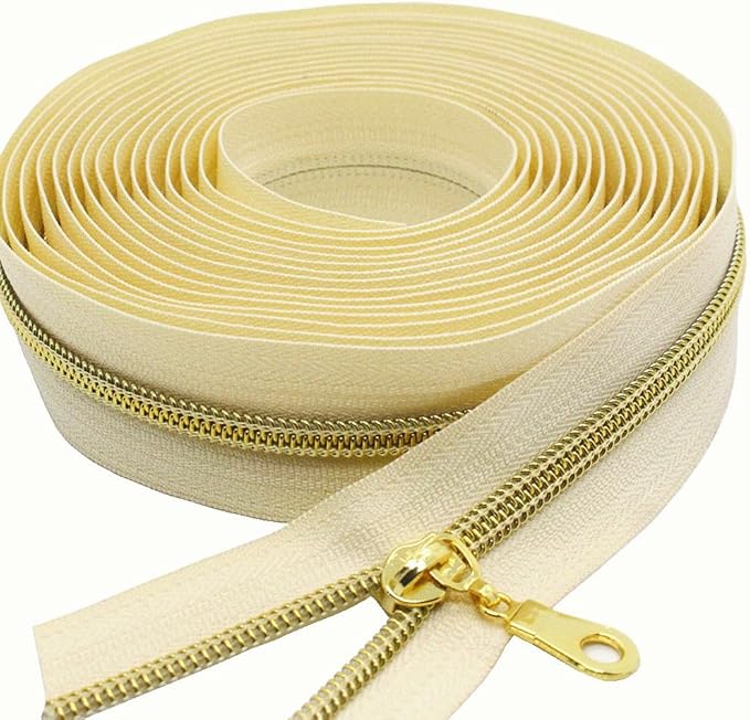 MebuZip #5 Gold Metallic Nylon Coil Zippers by The Yard Bulk Coil Zipper Roll 10 Yards with 25pcs Pulls for DIY Sewing Craft Bags (Beige)