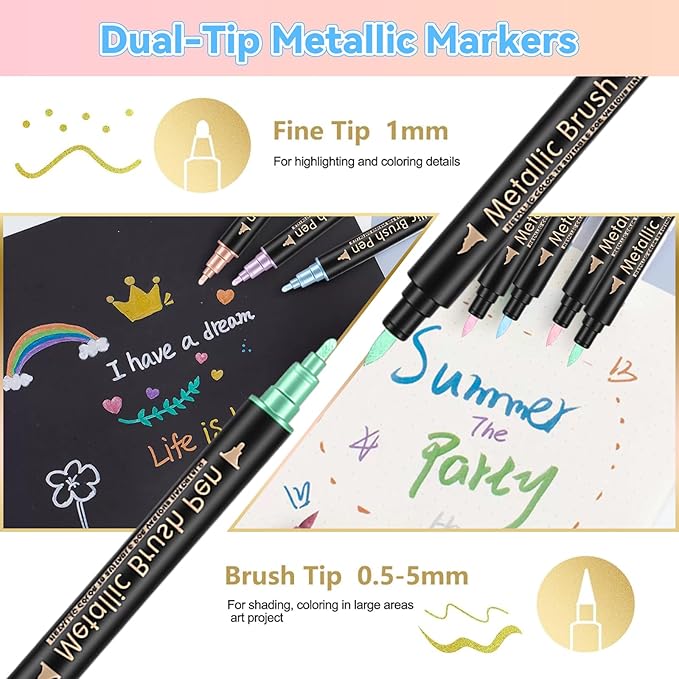 28 Acrylic Paint Markers, Acrylic Paint Pens Art Set - 12 Dual Tip Metallic, 8 Acrylic, 8 Outline Markers for Rock, Fabric and Glass, Christmas Gifts for Teens, Art Supplies for Kids Adults