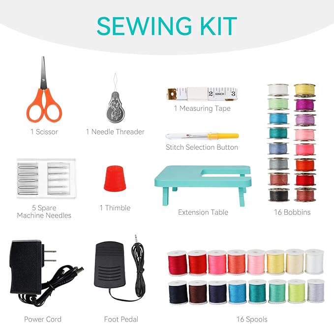 Sewing Machine for Beginners with Extension Table, Mini Electric Portable Sewing Machine with 12 Stitches LED Light and Accessories Kit for Home DIY Sew Project Cyan