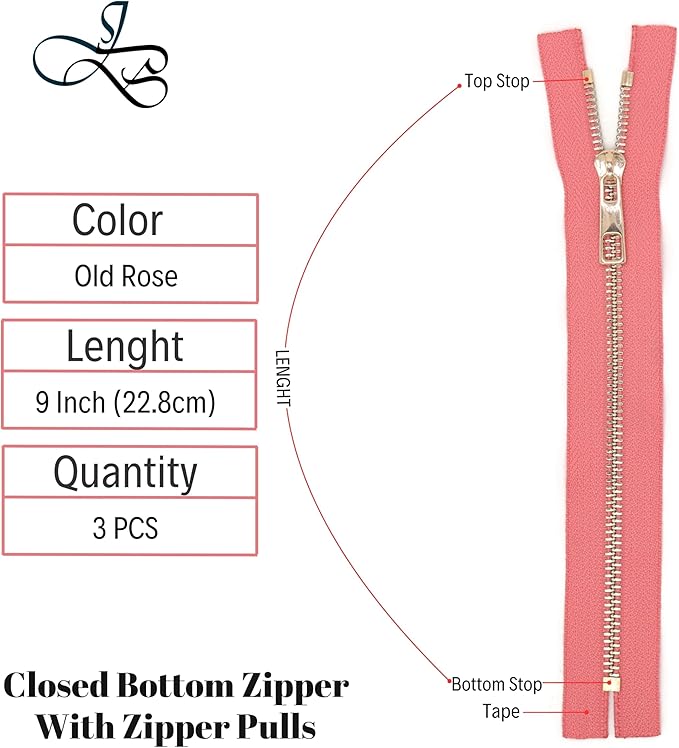 #5 Gold Metal Zipper - 50+ Colors - 3 PCS - (4-14 inches) Sizes - Luxury Lightweight Handcraft Metal Zippers with pulls for Purses Bags Pockets Shoes Sewing & Crafts DIY ZP02219