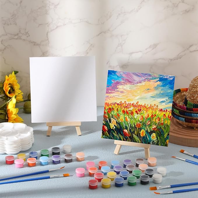 Qilery 12 Set Acrylic Paint Kit Mini Stretched Canvas with Easel, Acrylic Paints Strips, Brushes, Palette, Art Set for Kids Adults Classroom Birthday Party Favors(6 x 6 Inch)