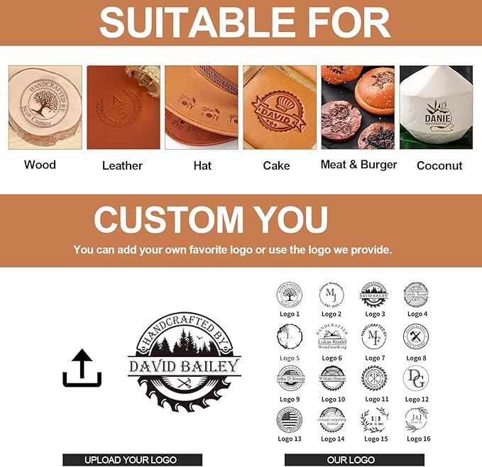 Terwex Personalized Wood Branding Iron, Custom Logo Branding Iron for Leather Steak Food, Make Your Own Design Metal Logo Stamp, Reusable Brass Burning Letter Stamps, Handmade Gift Wood Burning Tool