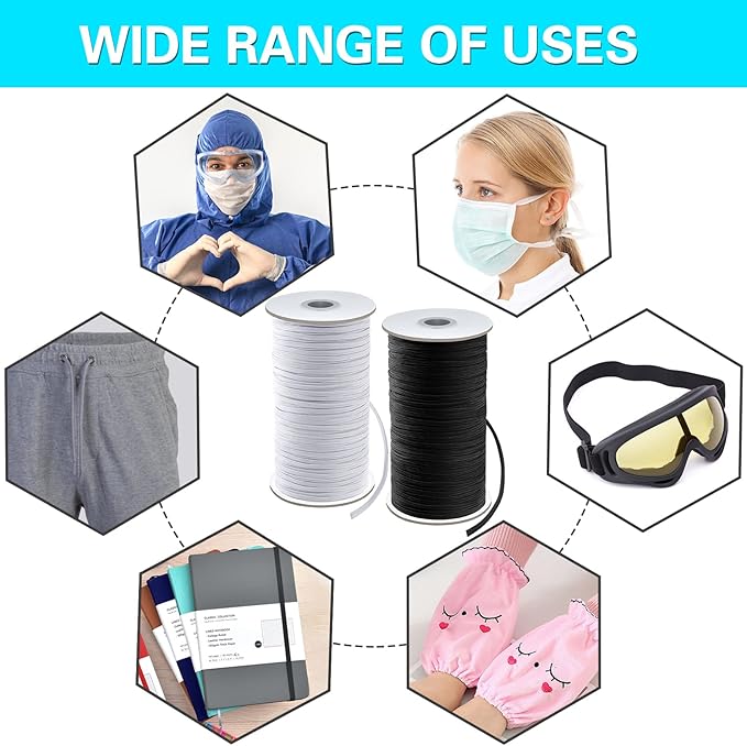Coopay 300 Yards Length 1/8" Width Elastic Bands Flat Elastic Cord Rope Heavy Stretch Spool Knit for Sewing DIY Projects, Arts & Crafts, 2 Rolls, 150 Yards/Roll (Black and White, 1/8 Inch)