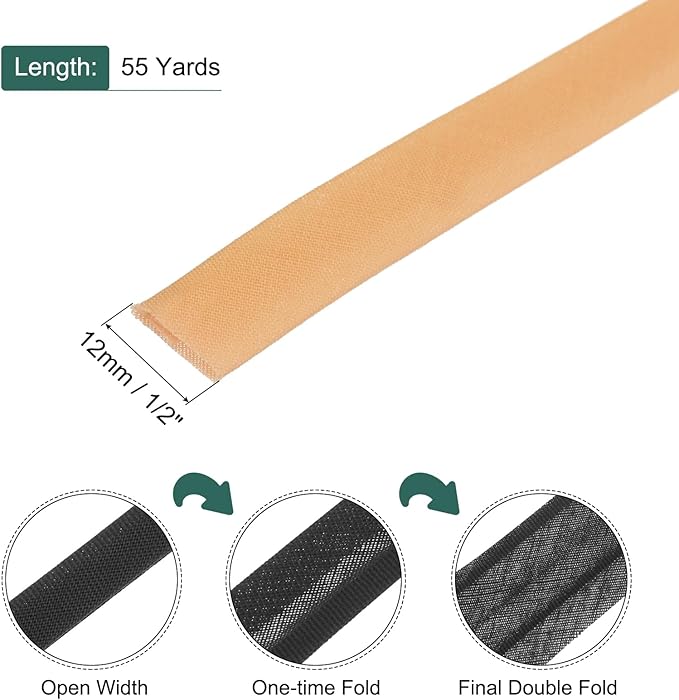 MECCANIXITY 1/2 Inch Double Fold Bias Tape Polyester Continuous Bulk Bias Tape for Sewing,Seaming Quilting Hemming Binding Crafts (Light Orange 55 Yards)