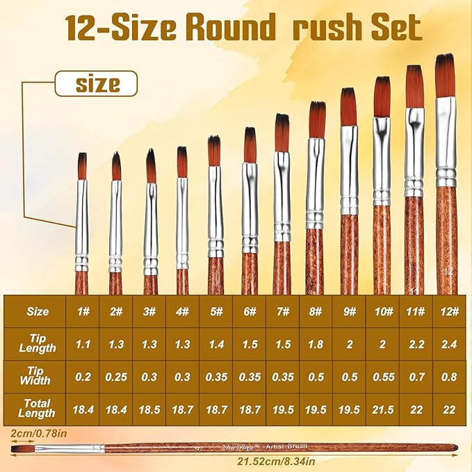 Giantree 12 PCS Flat Brushes Set, Professional Nylon Paint Brushes, Long Handle Artist Brush for Watercolor Acrylic and Oil Painting (Flat Head)