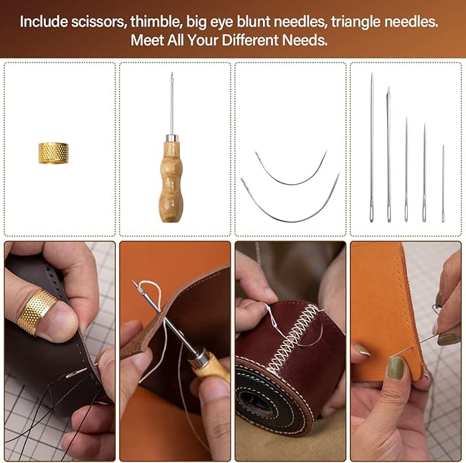 WUTA 31Pcs Leather Repair Kit Leather Sewing Working Tools Sail Repair Kit with Large-Eye Stitching Needles Waxed Thread Set for DIY Leather Craft (Set A)