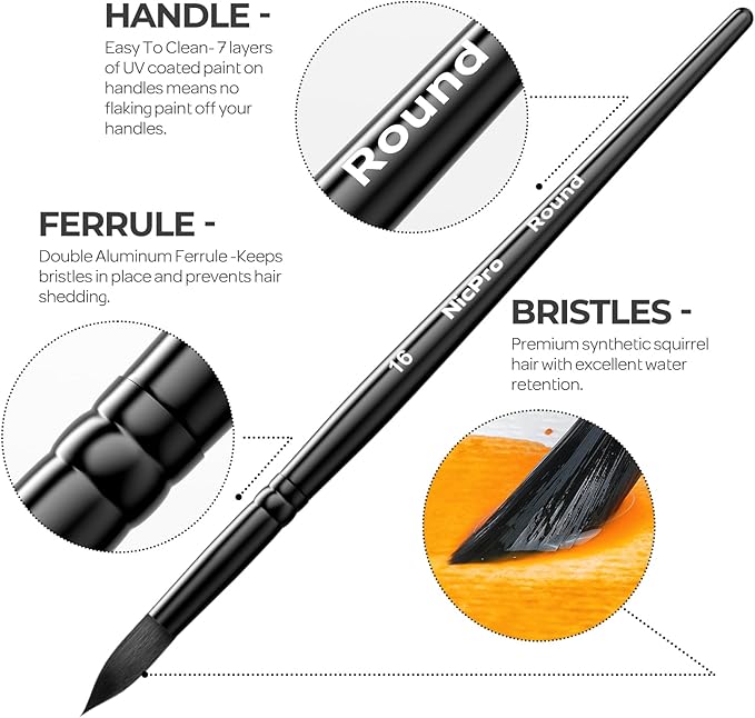 Nicpro 12pcs Watercolor Paint Brushes, Round Pointed Tip Paint Brush Set, Professional Soft Synthetic Squirrel Paint Brushes, Artist Painting Brushes for Watercolor, Inks, Gouache, Acrylic, Oil