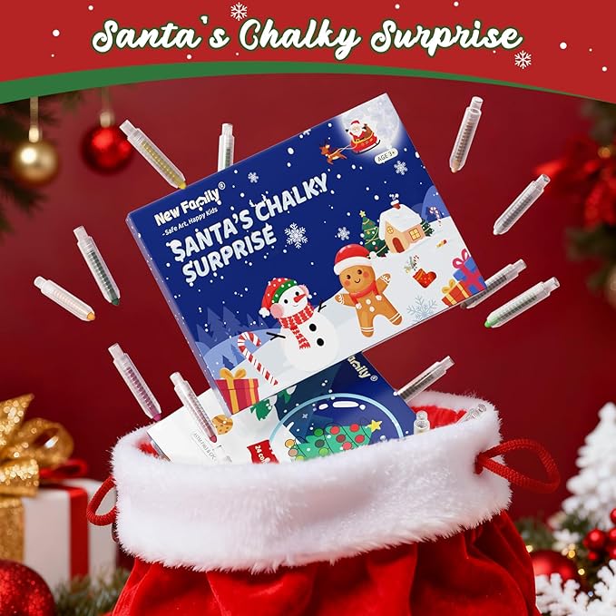 NewFamily Christmas Chalk Set for Kids(24 Pcs) – Washable Non-Toxic Colored Chalk with Coloring Sheets, for Chalkboard Blackboard Art, Creative Holiday Gift for Kids
