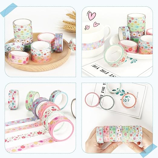 12 Rolls Flower Washi Tape Set, Floral Botanical Writable Masking Tapes, Cute Blooms Colored Adhesive Tapes for DIY Art Crafts, Gift Wrapping, Scrapbook, School Supplies, Painters, Planners 16.4Ft