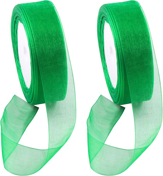 Swpeet 2 Rolls 50 Yards x 1 Inch Green Shimmer Sheer Fabric Ribbons Organza Ribbon, Transparent Sheer Ribbon Chiffon Fabric Ribbons for Bouquets Wedding Birthday Decoration