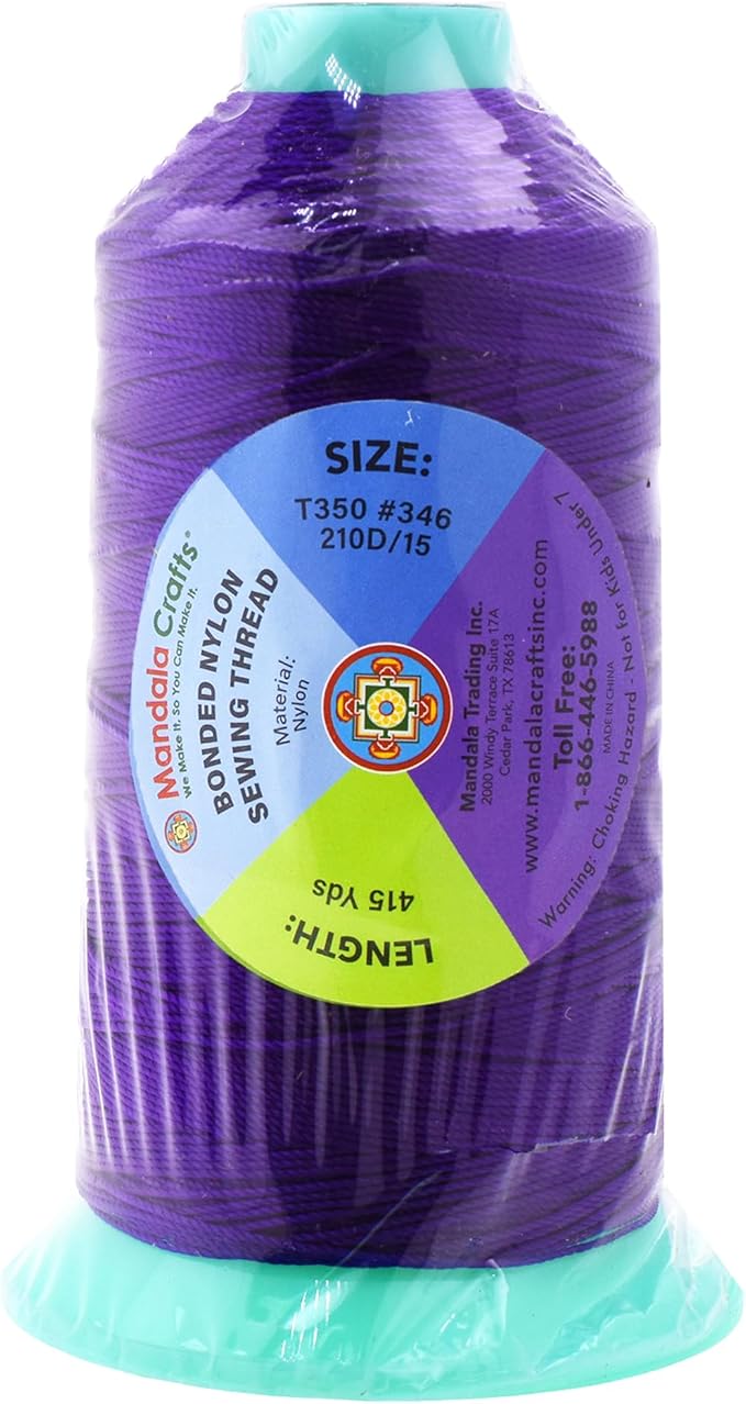 Mandala Crafts Size 346 210D T350 Bonded Nylon Thread - True Purple 415 YDs Tex 350 Heavy Duty Sewing Threads for Leather, Jeans, Weaving, Outdoor Marine Upholstery