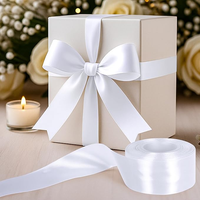 Fullive White Ribbon for Gift Wrapping, 30 Yards White Ribbon 1 1/2 Inch, Solid Polyester Satin Wedding Ribbons for Wedding Christmas Decorations DIY Hair Bows Wrapping Bouquet Floral Arrangements