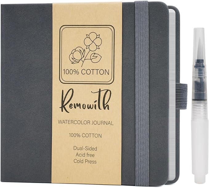 Remowith Leather Cover Watercolor Sketchbook, 6"x5.5" Journal, 300gsm Cold Press Cotton Paper (24 Sheets/48 Pages), Perfect Watercolor Journal for Markers, Pastels, Darkgrey