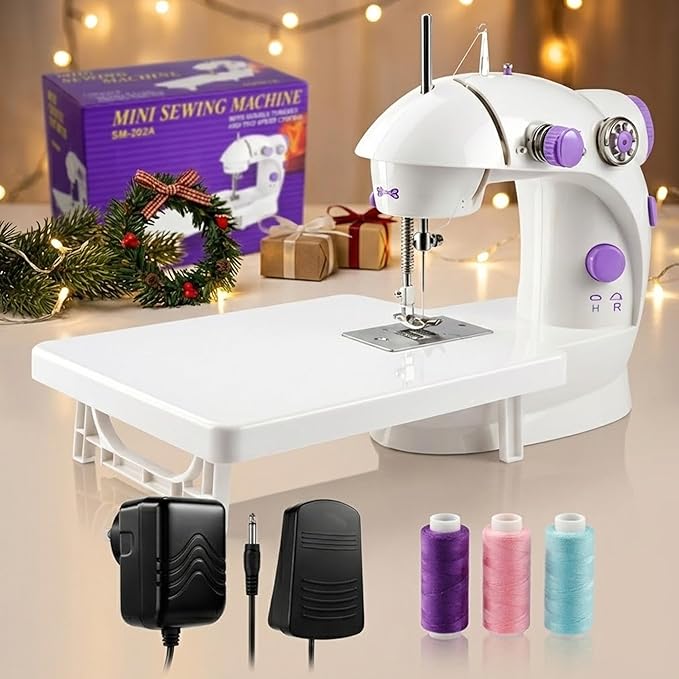 Flying Banana Mini Sewing Machine with Extension Table, Dual Speed Portable Electric Sewing Machine for Beginners, Small Household Mending Kit with Light, Foot Pedal, AC/Battery Operated, White