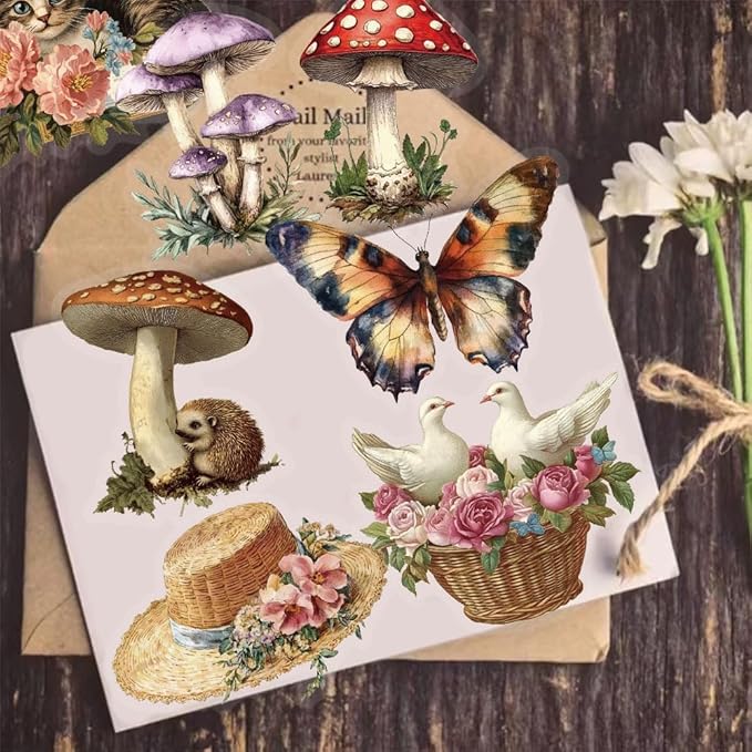 YOKSAS 50PCS Vintage Nature Mushroom Clear Scrapbook Stickers – Retro Botanical Fairycore Stickers for Journaling, Planners, Crafts, Cards & Art Projects