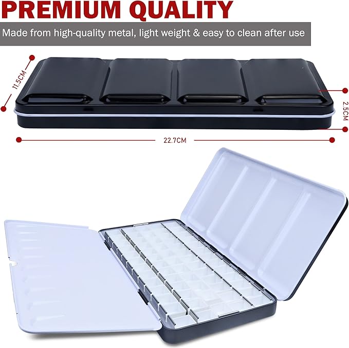 DUGATO Large Empty Watercolor Palette Tin with Lid - Holds 48 Half Pans (63 Included), 5 Fold-Out Mixing Areas - Metal Travel Box for Artists