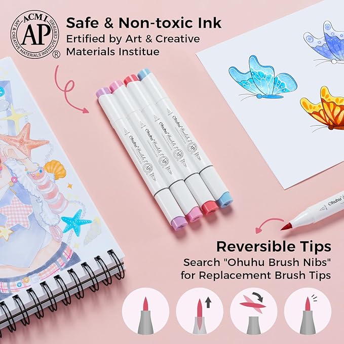 Ohuhu Alcohol Markers: Soft Chisel 60 Illustration-color Brush & Soft Chisel Dual Tips Drawing Markers for Artist Beginner Adult Coloring Illustration Sketching -Honolulu S - Red Dot Award Winner