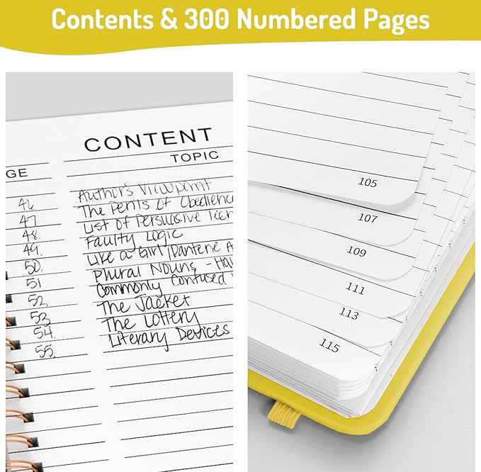 Forvencer Lined Spiral Journal Notebook with 300 Numbered Pages, A5 Thick Journals for Writing with 100GSM Paper, Hardcover Notebooks with Contents for Work, School, Women, Men, Yellow