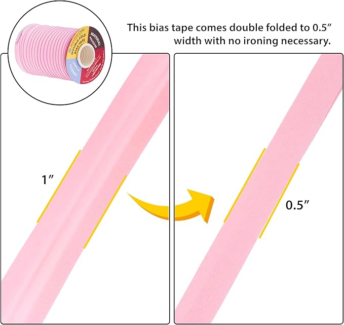 Mandala Crafts 55 Yards 1/2 Inch Pink Double Fold Bias Tape for Sewing - Bias Binding Tape for Quilting Binding, Hemming, Seam, and Fabric Piping