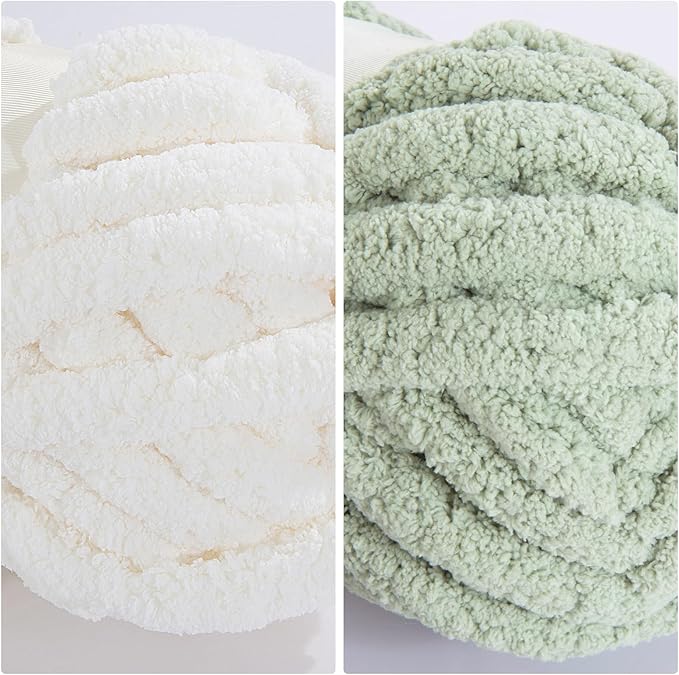HOMBYS 8 Pack Assorted Chunky Yarn for Crocheting,Super Bulky Large Soft Fluffy Yarn,Plush Fuzzy Yarn,Thick Chenille Yarn for Hand Knitting/Arm Knitting,4 White & 4 Sage Green(27yds,8 oz Each Skein)