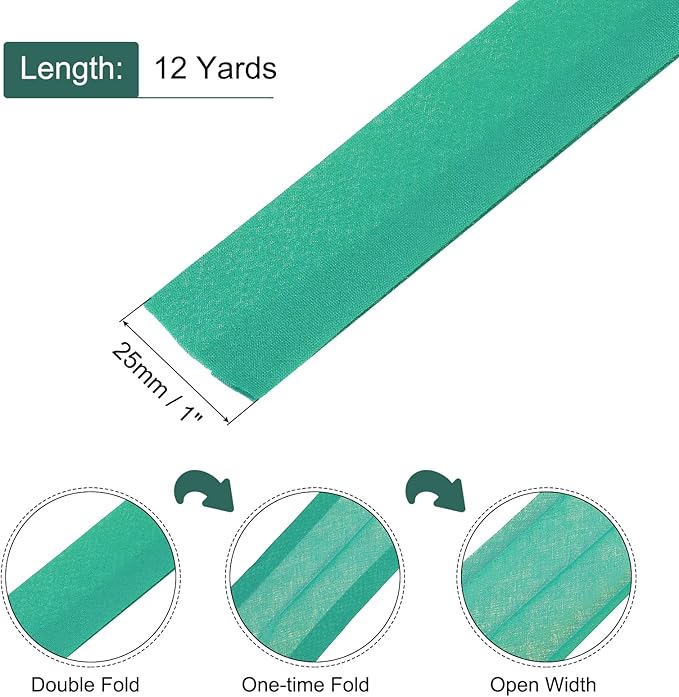 MECCANIXITY 1 Inch Double Fold Bias Tape Continuous Bulk Cotton Bias Tape for Sewing Seaming Quilting Hemming Binding Crafts (Dark Green 12 Yards)