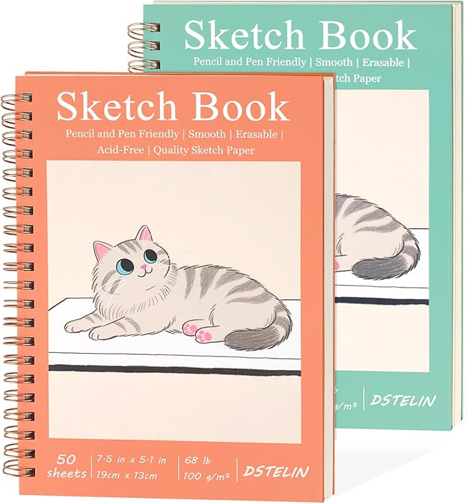 DSTELIN 2 Pack Mini Sketch Books, 7.5 x 5.1 Inch, Spiral Bound with Hard Cover, 50 Sheets per Pad,100gsm, Ideal for Sketching and Mixed Media Creations