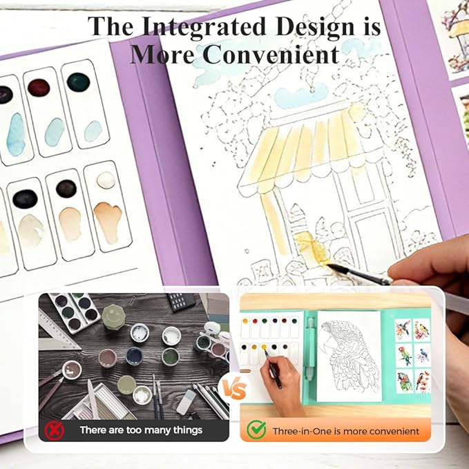 Creative Stress Relief Kit, 3-Fold Watercolor Painting Pad with Coloring Pages, Relaxation Art Set for Beginners and Hobby Artists, Portable Aquarelle Painting Book (B Set)