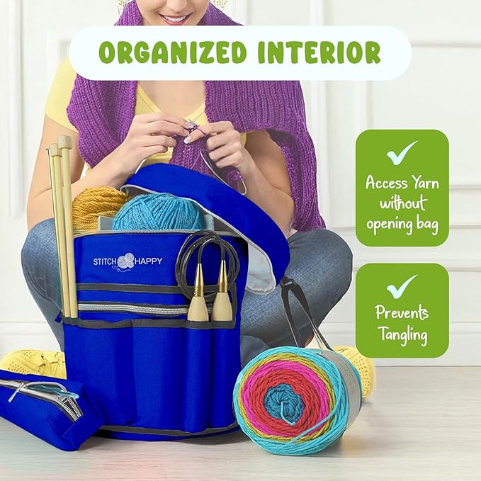 Stitch Happy Knitting Bag (Cobalt): 7 Pocket Yarn Bag, Knitting Tote, Yarn Storage, Crochet Storage