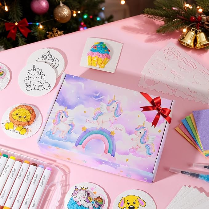 80 Pcs Magic 3D Foam Texture Painting Kit, Magic Puffy Paint Kit, Including 48 Pcs Foam Texture Paper, 24 Colors Acrylic Marker Pen, 4 Drawing Templates, 2 Water Brushes, Art Painting Kits (Pink)