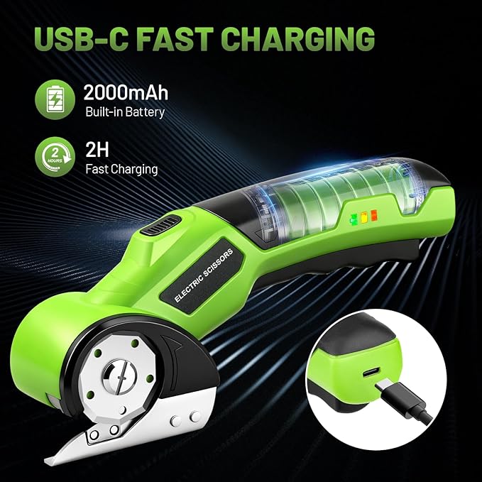 Cordless Electric Scissors, 4V Rechargeable Rotary Cardboard Cutter with 2 Blades Safety Lock & LED Light, USB Cable for Plastic, Box, Carpet, Leather, DIY Crafts