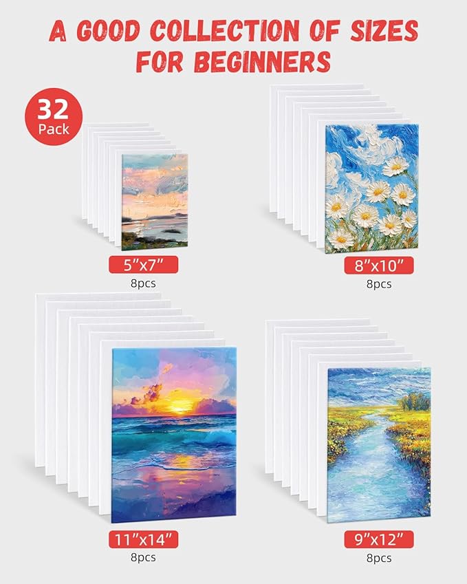 Simetufy Canvas for Painting 32 Pack Paint Canvas Boards for Kids 8pcs of Each 5x7, 8x10, 9x12, 11x14 100% Cotton for Acrylic Watercolor Paint