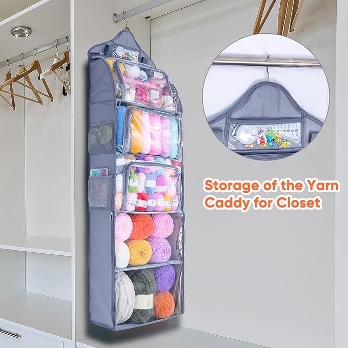 MYBAGZING Hanging Yarn Storage Organizer –Over-The-Door Crochet Organizer with Both Front and Side Zipper Closure -Large Capacity Clear Yarn Holder for Crochet Hooks, Knitting Needles & Accessories