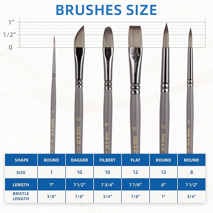 Falling in Art 6 Pcs Watercolor Paint Brushes, Artist Painting Brush Set with Round, Flat, and Filbert, Watercolor Brushes for Acrylic, Gouache, and Oil Painting