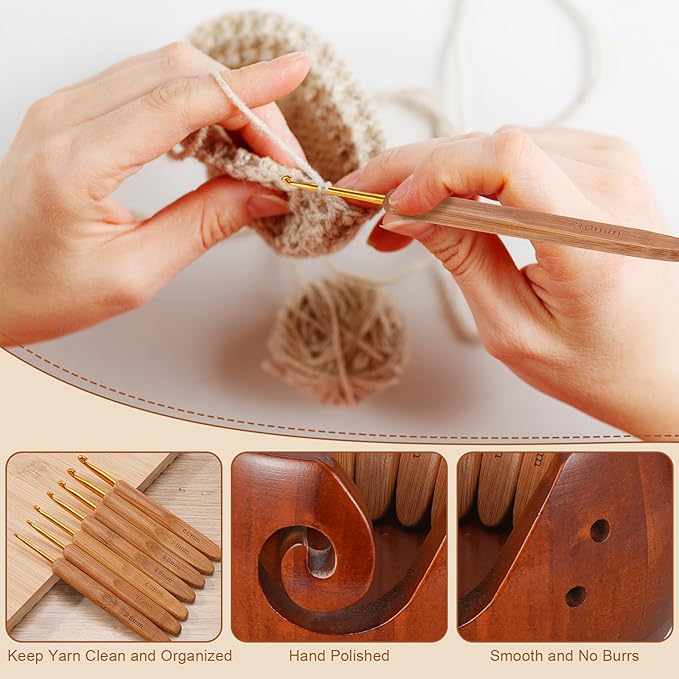 Wooden Yarn Bowl with 8Pcs Metal Crochet Hooks, Knitting Yarn Bowl with Holes Storage Handmade to Prevent Slipping, Perfect Yarn Holder Bowl for Crocheting and Knitting Mother's Day Gift 5" x 3"