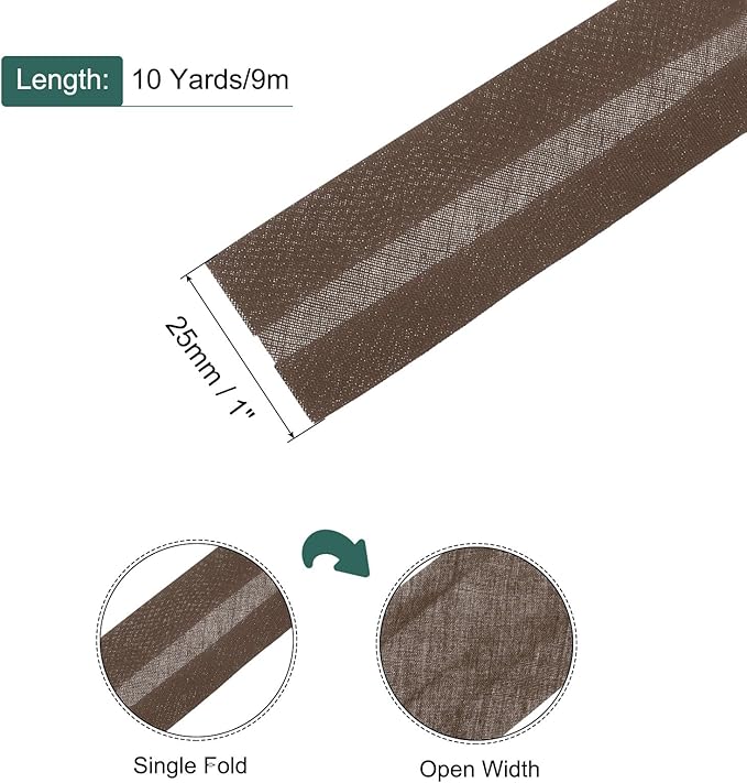 MECCANIXITY 1 Inch Single Fold Bias Tape Polyester Continuous Bulk Bias Tape for Sewing,Seaming Quilting Hemming Binding Crafts (Brown 10 Yards)