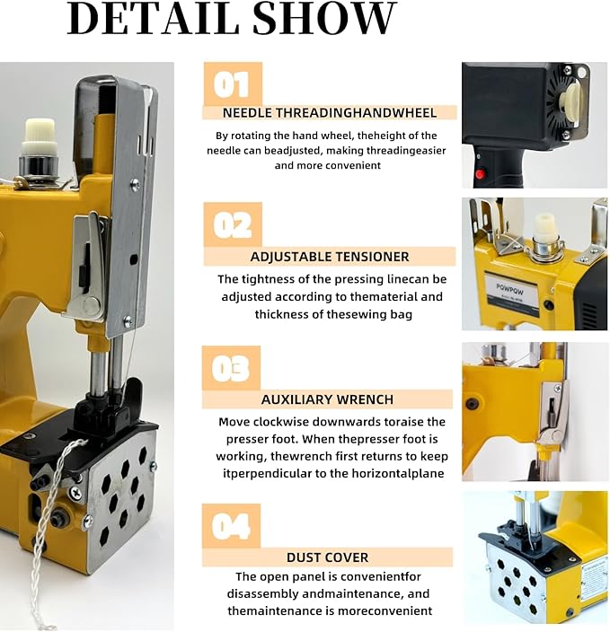 Bag Sewing Machine, 2s/bag Portable Bag Sewing Machine, Industrial Bag Closing Machine for Packing Woven Bags Non-woven Fabrics Leather (Yellow, Corded - 110V)