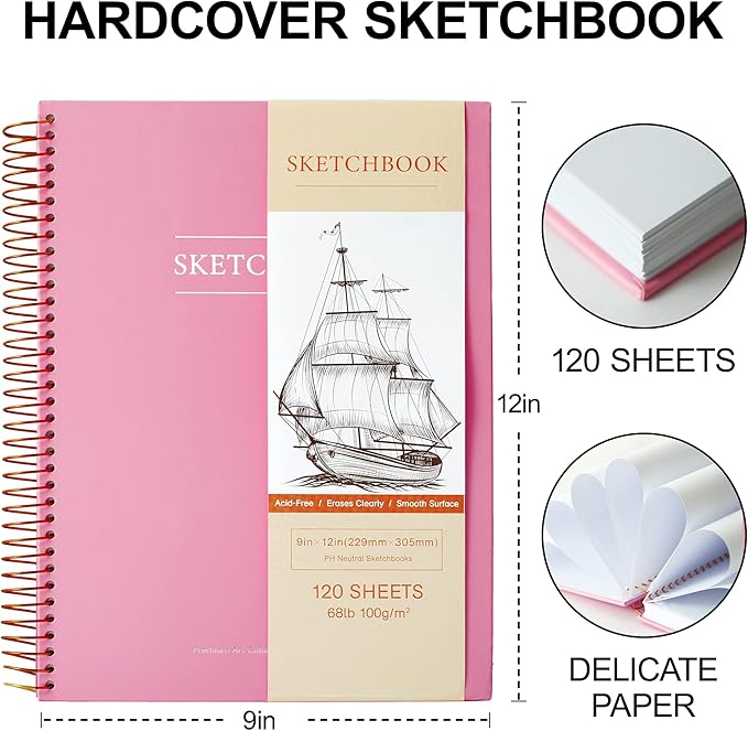 2 Pack Hardcover Sketchbook for Drawing 120 Sheets Spiral Bound 9 x 12 Sketch Pad Premium Art Sketchbook Artistic Drawing Painting Writing (68lb/100gsm) for Kids Adults Beginners Artists, Pink+Blue