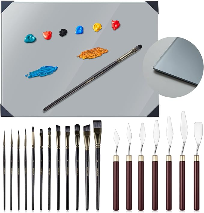 Nuanchu 20 Pcs Artist Painting Set with 16 x 12 Inches Neutral Grey Tempered Glass Palette, 12 Pcs Watercolor Brushes, Palette Knife for Oil Painting Artist Beginner DIY Color Mixing Supplies