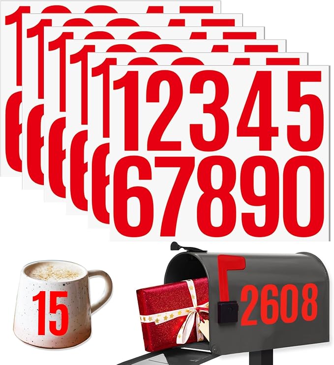 6 Sheets 3 Inch Mailbox Numbers Stickers Vinyl Decals,Self Adhesive Number Waterproof House Address Numbers for Outside Mailbox,Signs,Window,DIY Crafts Making,Door,Car,Home,Business(Red)