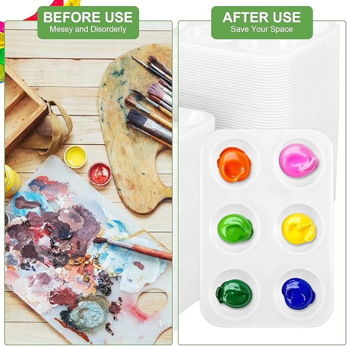 150pcs White Plastic Paint Tray Palette, 6 Well Rectangular Acrylic Paint Palette Watercolor for Students Kids, Durable Paints Holder Tray for Painting Party, DIY Craft and Art Painting Class