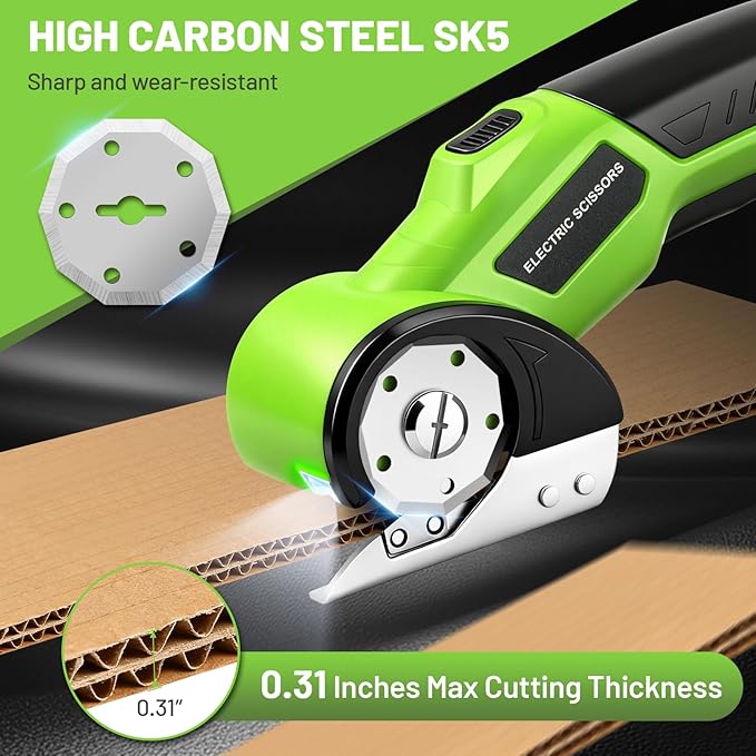Cordless Electric Scissors, 4V Rechargeable Rotary Cardboard Cutter with 2 Blades Safety Lock & LED Light, USB Cable for Plastic, Box, Carpet, Leather, DIY Crafts