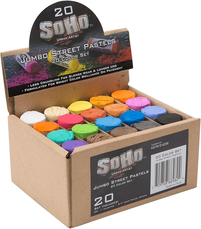 Soho Urban Artist Professional Oil Pastels - Jumbo Street Pastel Set of 20 Colors, 1" Diameter, 2.7" Length, Non-Toxic, Brilliant Pigments, Ideal for Pavement, Less Crumbling than Sidewalk Chalk