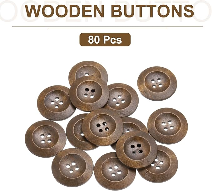 uxcell 80Pcs Wooden Buttons, 38mm(1 1/2") 4 Hole Round Wood Sewing Button Craft for Sewing DIY Craft Clothing, Coffee